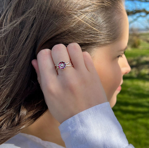 Primula Scotica 1-flower CZ Ring in Hot Pink Enamel by Sheila Fleet Jewellery