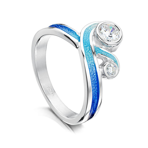 New Wave Double Cubic Zirconia Ring in Ocean Enamel by Sheila Fleet Jewellery