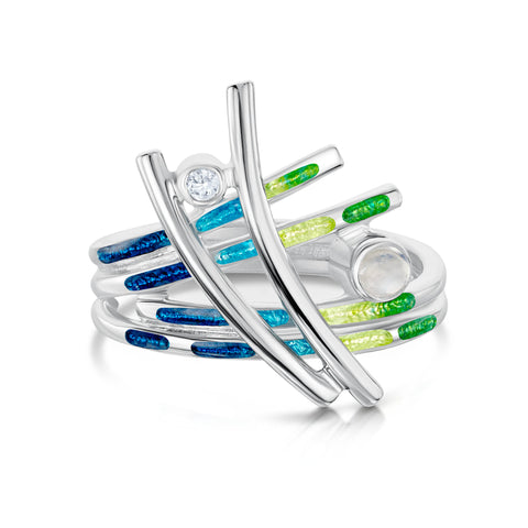 Wild Grasses Moonstone & CZ Ring in Meadow Enamel by Sheila Fleet Jewellery