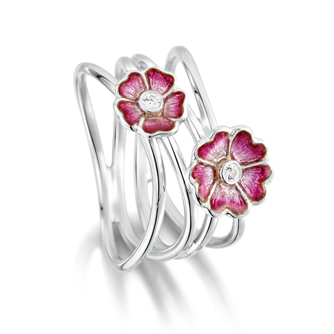 Primula Scotica 2-flower Statement CZ Ring in Hot Pink Enamel by Sheila Fleet Jewellery
