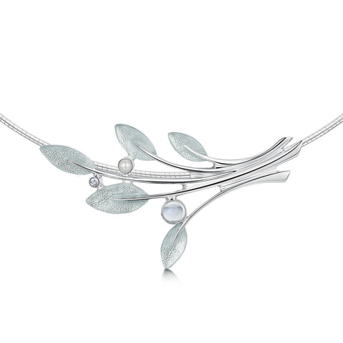 Rowan Five-Leaf Necklace in Frost Enamel with Moonstone, Pearl & CZ