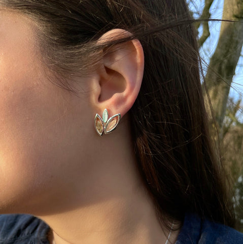 Seasons Silver 3-leaf Stud Earrings in Winter Enamel by Sheila Fleet Jewellery