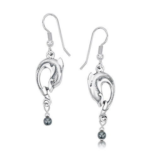Dolphin Curve Small Drop Silver Earrings with Hematite