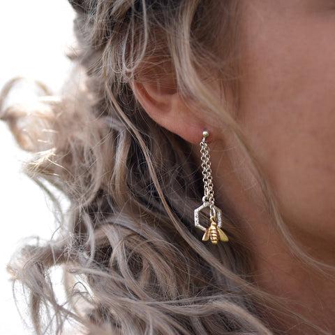 Honeycomb Long Silver Drop Earrings with 9ct Yellow Gold Bee by Sheila Fleet Jewellery