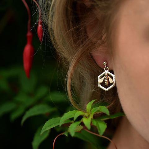 Honeycomb & Bee Silver Drop Earrings with 9ct Yellow Gold Bee by Sheila Fleet Jewellery