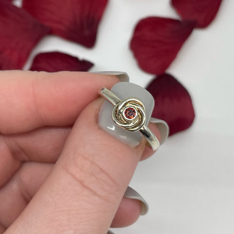 Reef Knot Ring in 9ct White Gold with Garnet by Sheila Fleet Jewellery