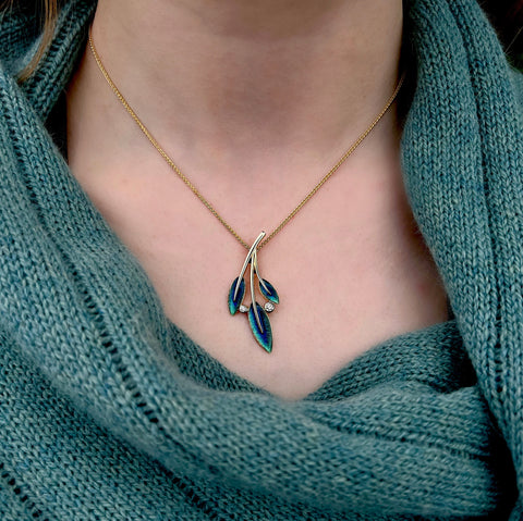18ct Gold Rowan Three-Leaf Diamond Pendant in Evergreen Enamel by Sheila Fleet Jewellery