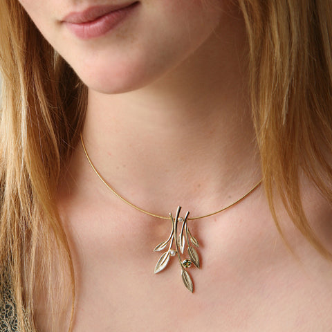 Rowan Dress Necklace in 9ct Yellow Gold with Peridot, Pearl & Diamond by Sheila Fleet Jewellery