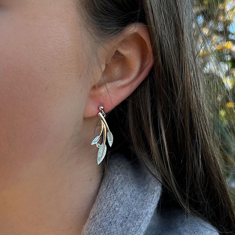 Rowan Three-Leaf Drop Earrings in Frost Enamel with Cubic Zirconia by Sheila Fleet Jewellery