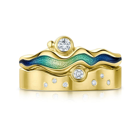 River Ripples ‘Ocean’ Enamel Diamond Ring Set in 18ct Yellow Gold by Sheila Fleet Jewellery