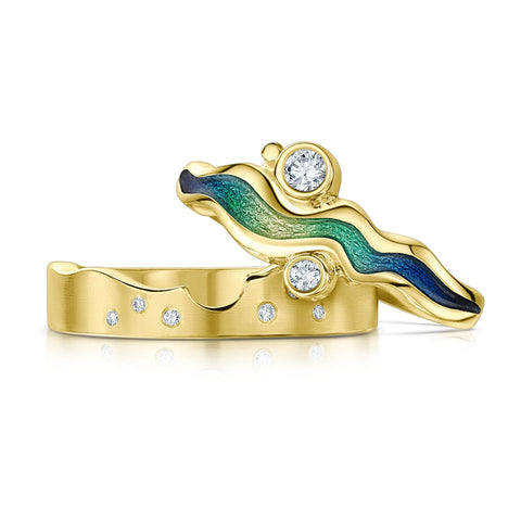 River Ripples ‘Ocean’ Enamel Diamond Ring Set in 18ct Yellow Gold by Sheila Fleet Jewellery