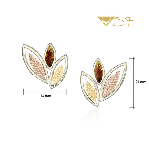 Seasons Autumn 3-leaf Stud Earrings in 18ct White, Yellow & Rose Scottish Gold by Sheila Fleet Jewellery