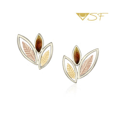 Seasons Autumn 3-leaf Stud Earrings in 18ct White, Yellow & Rose Scottish Gold by Sheila Fleet Jewellery