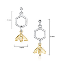 Honeycomb & Bee Petite Drop Earrings in Silver & 9ct Yellow Gold by Sheila Fleet Jewellery