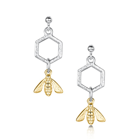 Honeycomb & Bee Petite Drop Earrings in Silver & 9ct Yellow Gold by Sheila Fleet Jewellery