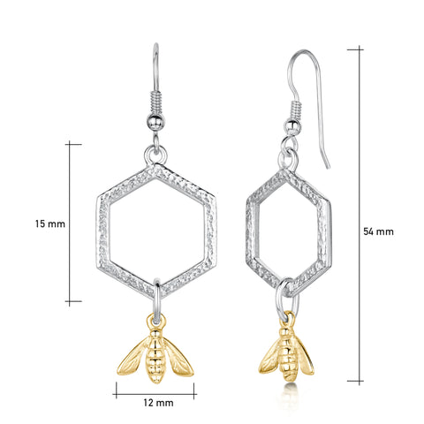 Honeycomb Small Drop Earrings with 9ct Yellow Gold Bee by Sheila Fleet Jewellery