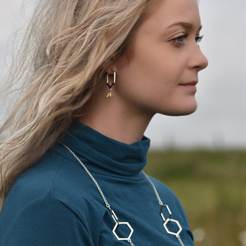 Honeycomb Small Hoop Earrings with 9ct Yellow Gold Bee by Sheila Fleet Jewellery