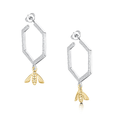 Honeycomb Small Hoop Earrings with 9ct Yellow Gold Bee by Sheila Fleet Jewellery