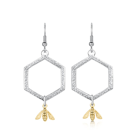 Honeycomb Medium Drop Earrings with 9ct Yellow Gold Bee by Sheila Fleet Jewellery