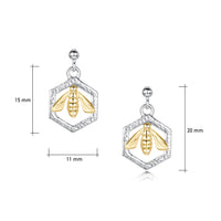 Honeycomb & Bee Silver Drop Earrings with 9ct Yellow Gold Bee