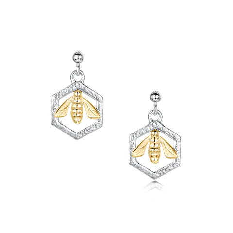 Honeycomb & Bee Silver Drop Earrings with 9ct Yellow Gold Bee by Sheila Fleet Jewellery