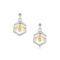 Honeycomb & Bee Silver Drop Earrings with 9ct Yellow Gold Bee by Sheila Fleet Jewellery