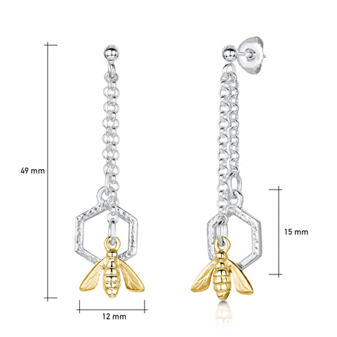 Honeycomb Long Silver Drop Earrings with 9ct Yellow Gold Bee by Sheila Fleet Jewellery