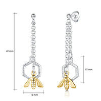 Honeycomb Long Silver Drop Earrings with 9ct Yellow Gold Bee by Sheila Fleet Jewellery