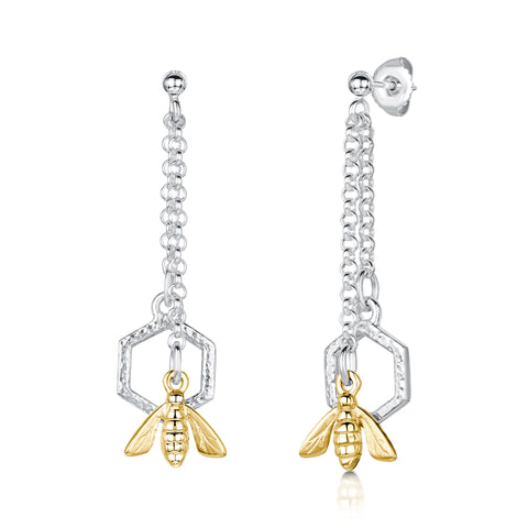 Honeycomb Long Silver Drop Earrings with 9ct Yellow Gold Bee by Sheila Fleet Jewellery