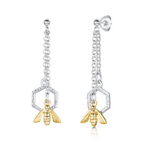 Honeycomb Long Silver Drop Earrings with 9ct Yellow Gold Bee by Sheila Fleet Jewellery