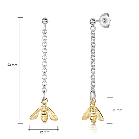 Honeybee Long Silver Drop Earrings with 9ct Yellow Gold by Sheila Fleet Jewellery
