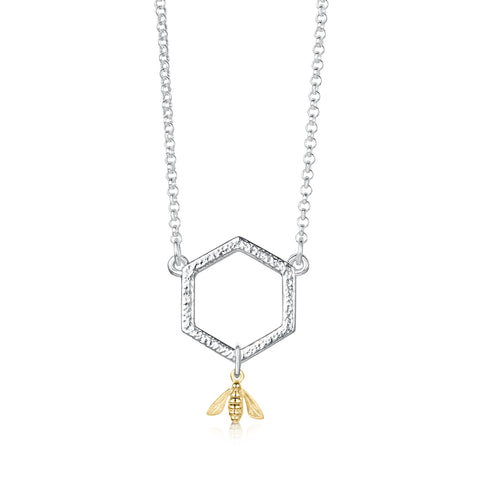 Honeycomb Silver Small Necklace with 9ct Yellow Gold Bee by Sheila Fleet Jewellery