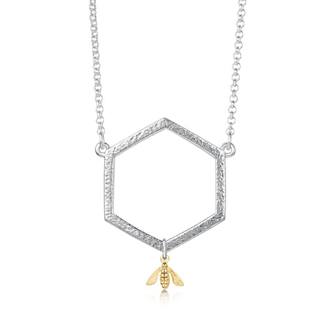 Honeycomb Silver Dress Necklace with 9ct Yellow Gold Bee by Sheila Fleet Jewellery