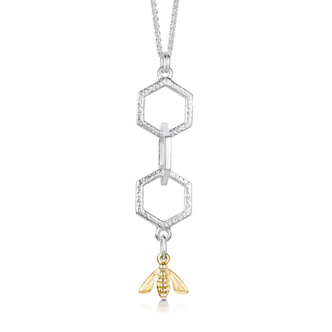 Honeycomb & Bee Small 3-link Pendant in Silver & 9ct Yellow Gold by Sheila Fleet Jewellery
