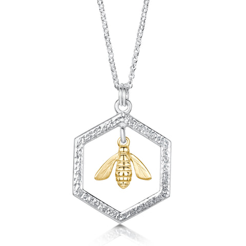 Honeycomb & Bee Large Pendant in Silver & 9ct Yellow Gold by Sheila Fleet Jewellery