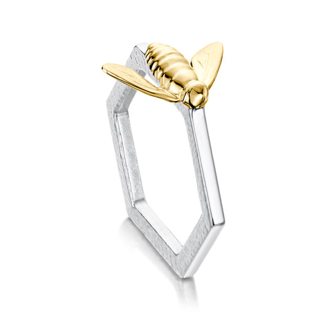 Honeycomb Silver Hexagon Ring with 9ct Yellow Gold Bee by Sheila Fleet Jewellery