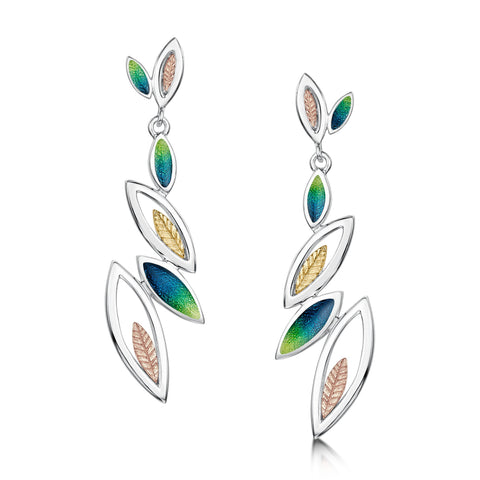 Seasons Gold Leaves 6-leaf Drop Earrings in Spring Enamel by Sheila Fleet Jewellery