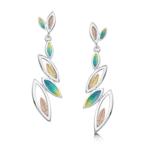 Seasons Gold Leaves 6-leaf Drop Earrings in Summer Enamel by Sheila Fleet Jewellery