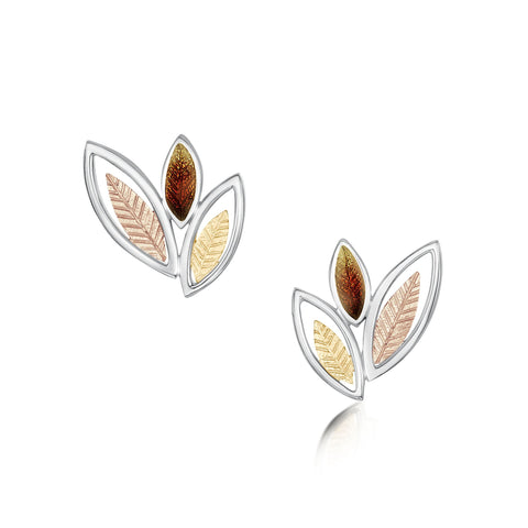 Seasons Silver 3-leaf Stud Earrings in Autumn Enamel by Sheila Fleet Jewellery