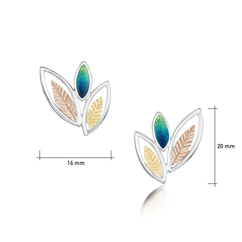 Seasons Silver 3-leaf Stud Earrings in Spring Enamel by Sheila Fleet Jewellery