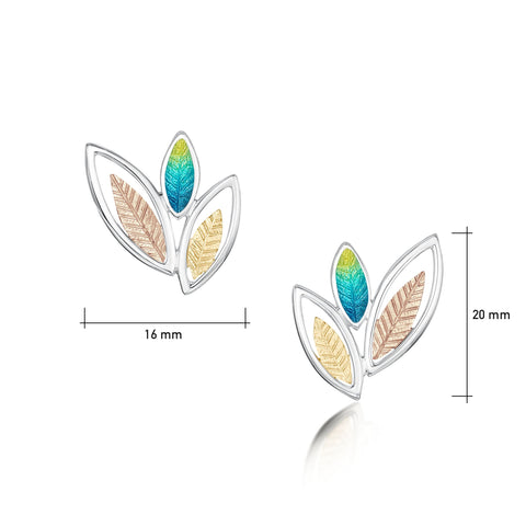 Seasons Silver 3-leaf Stud Earrings in Summer Enamel by Sheila Fleet Jewellery
