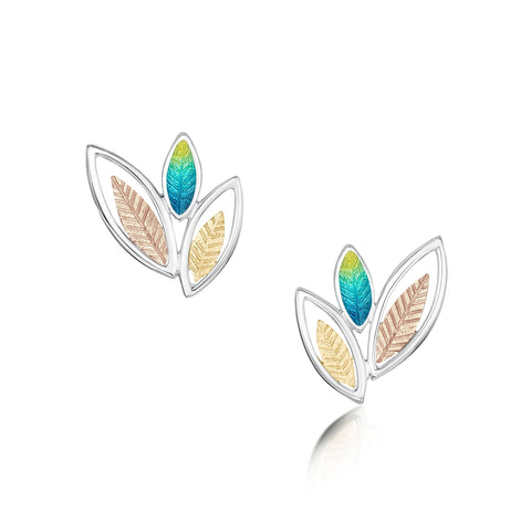 Seasons Silver 3-leaf Stud Earrings in Summer Enamel by Sheila Fleet Jewellery