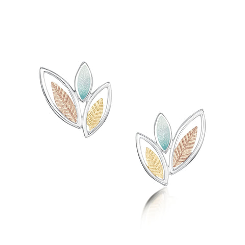 Seasons Silver 3-leaf Stud Earrings in Winter Enamel by Sheila Fleet Jewellery