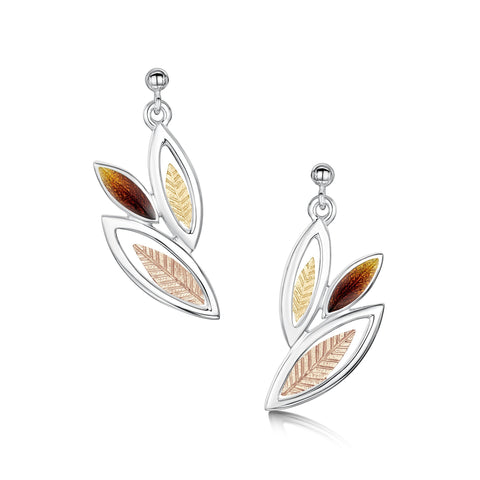 Seasons Gold Leaves 3-leaf Drop Earrings in Autumn Enamel by Sheila Fleet Jewellery