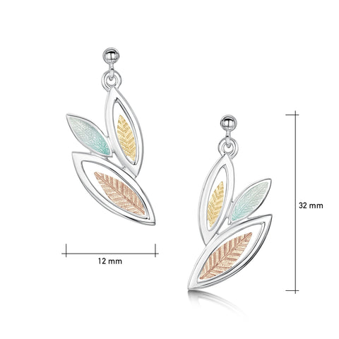 Seasons Gold Leaves 3-leaf Drop Earrings in Winter Enamel by Sheila Fleet Jewellery
