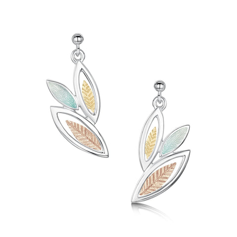 Seasons Gold Leaves 3-leaf Drop Earrings in Winter Enamel by Sheila Fleet Jewellery