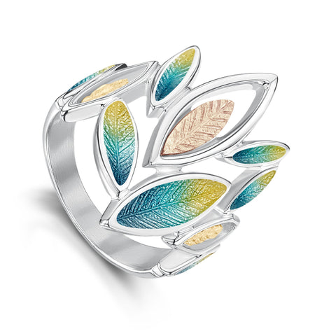 Seasons Gold Leaves Large Ring in Summer Enamel by Sheila Fleet Jewellery