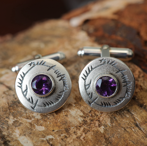 Ogham Cufflinks in Sterling Silver with Amethyst by Sheila Fleet Jewellery