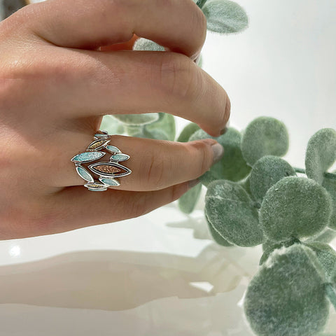Seasons Gold Leaves Ring in Winter Enamel by Sheila Fleet Jewellery