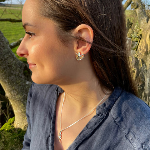 Seasons Silver 3-leaf Stud Earrings in Winter Enamel by Sheila Fleet Jewellery